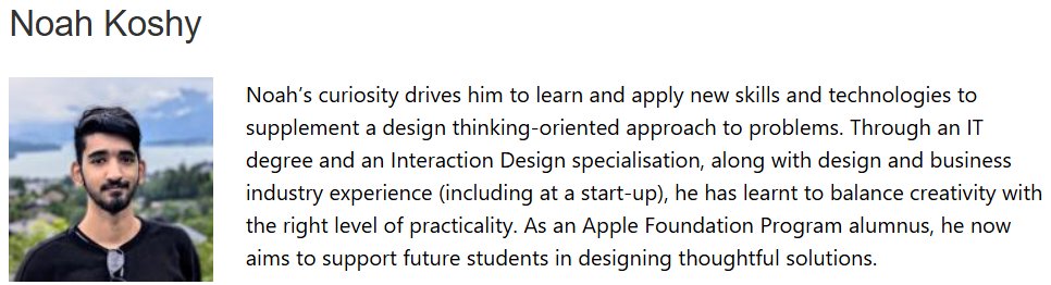 Noah's Apple Foundation Program mentor profile, with his photo and bio.