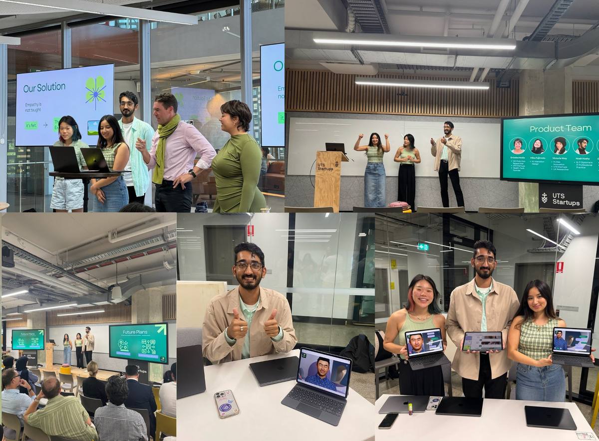 The team presenting EmpathyHealth+, with the Our Solution and Product Team slides, and demonstrating the AI avatar on iPads.