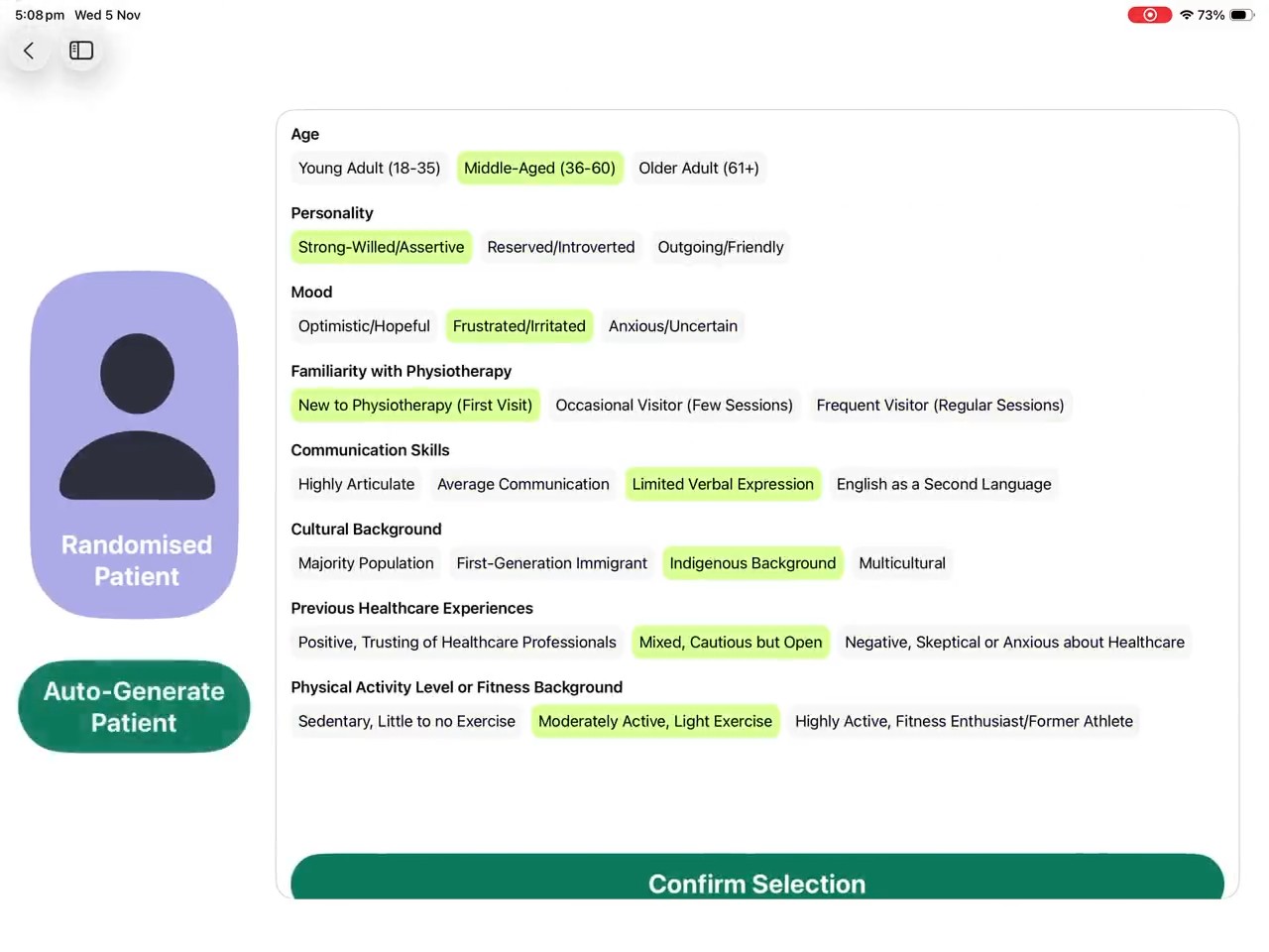 The Randomised Patient screen in EmpathyHealth+ on iPad, building a patient from attributes including age, personality, mood, familiarity with physiotherapy, communication skills and cultural background.