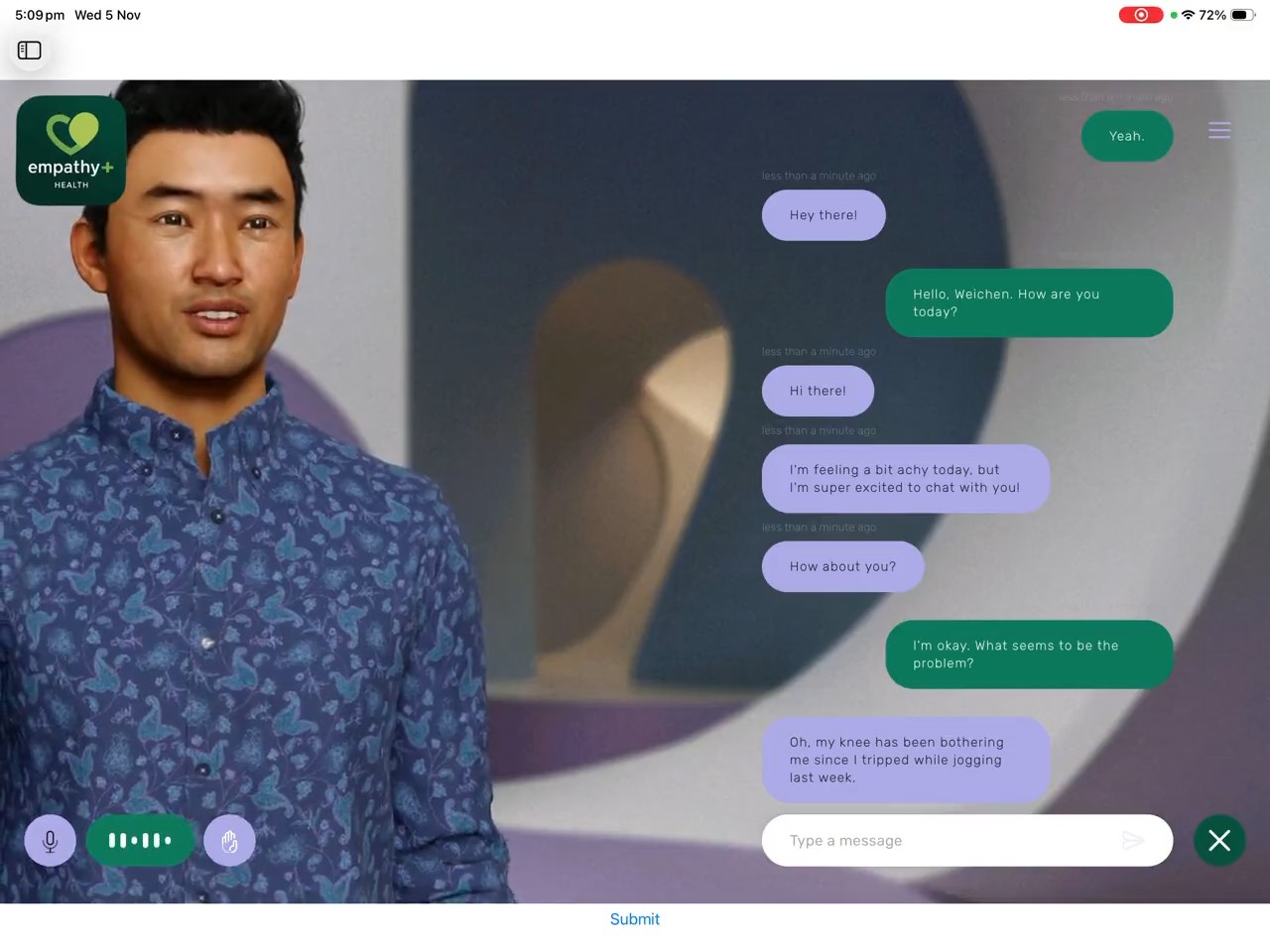A consultation in EmpathyHealth+ with the AI patient avatar, with the conversation building up beside him.