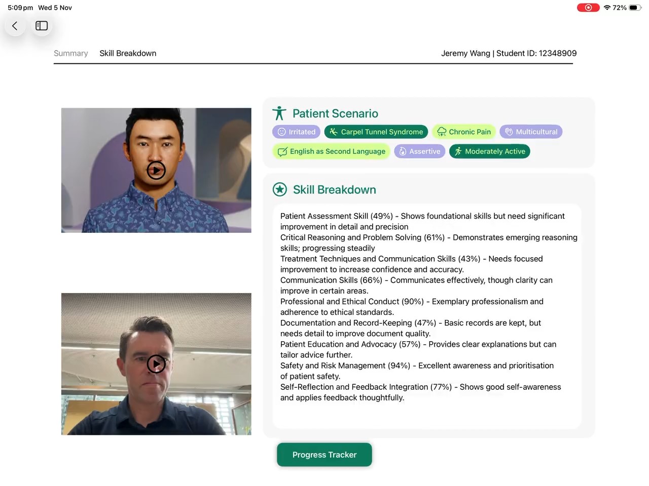 The Skill Breakdown screen: the patient scenario, the student's recorded reflection, and a score with feedback for nine skills.