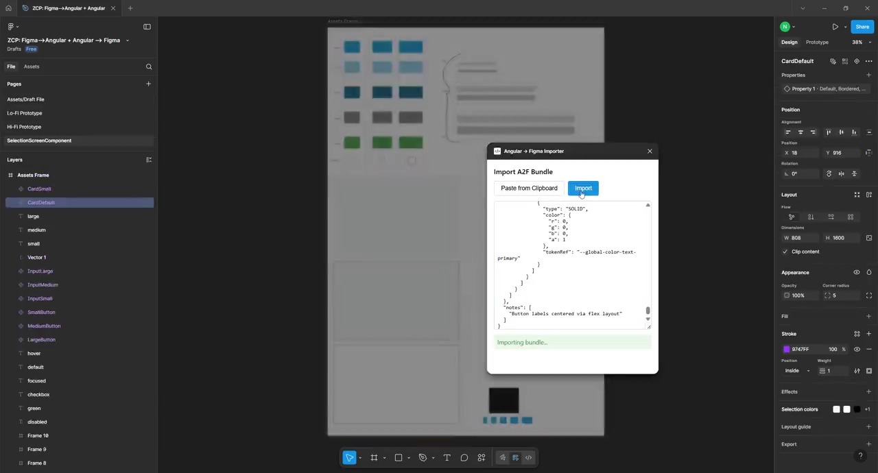 The Angular → Figma Importer plugin in the ZCP Figma file, importing an exported bundle back onto the canvas.