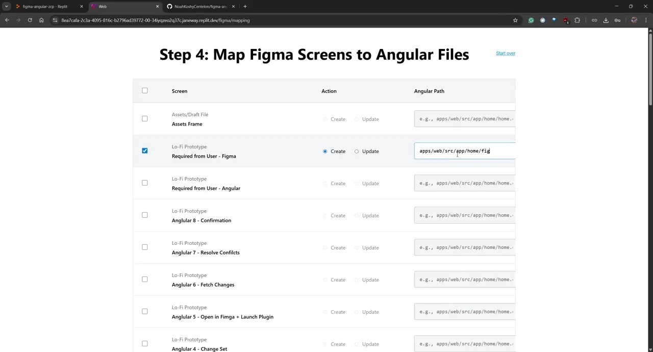 Step 4 of the converter, mapping each Figma screen to an Angular file path, with the option to create a new component or update an existing one.