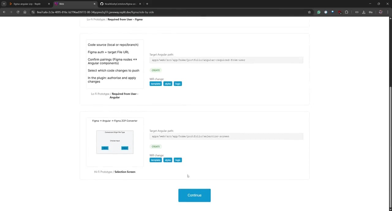 Step 7, the side-by-side preview: each Figma frame beside the Angular path it will create, and the template, styles and logic it will change.