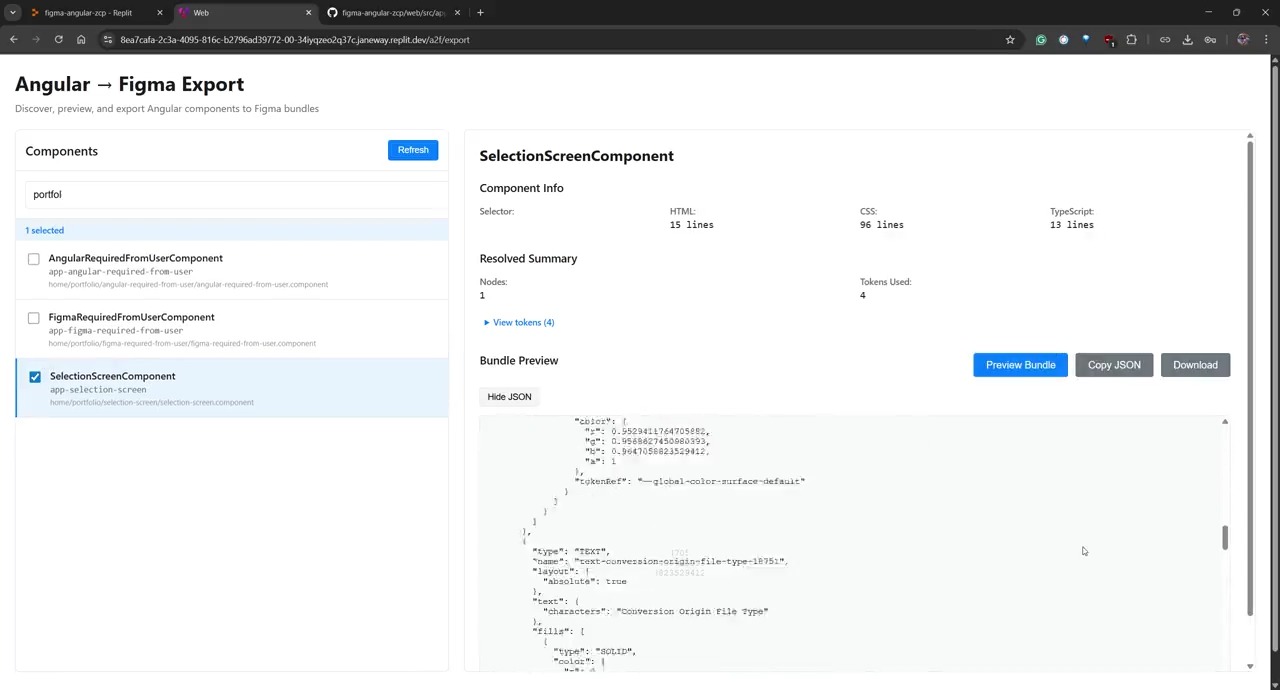 Angular → Figma Export: a list of Angular components, with the selected component's details, the design tokens it uses, and the bundle to import into Figma.