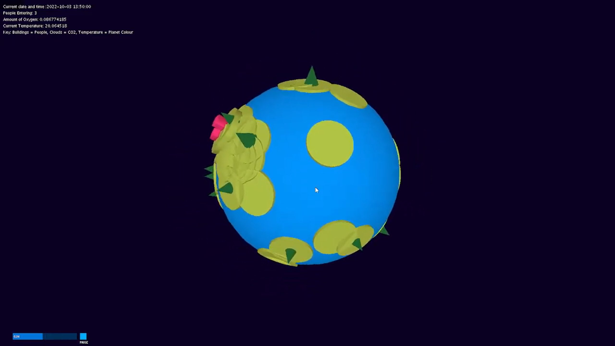 Planet 11 simulation: a blue planet dotted with yellow clouds and green trees against a dark background, with live sensor readings in the top-left corner