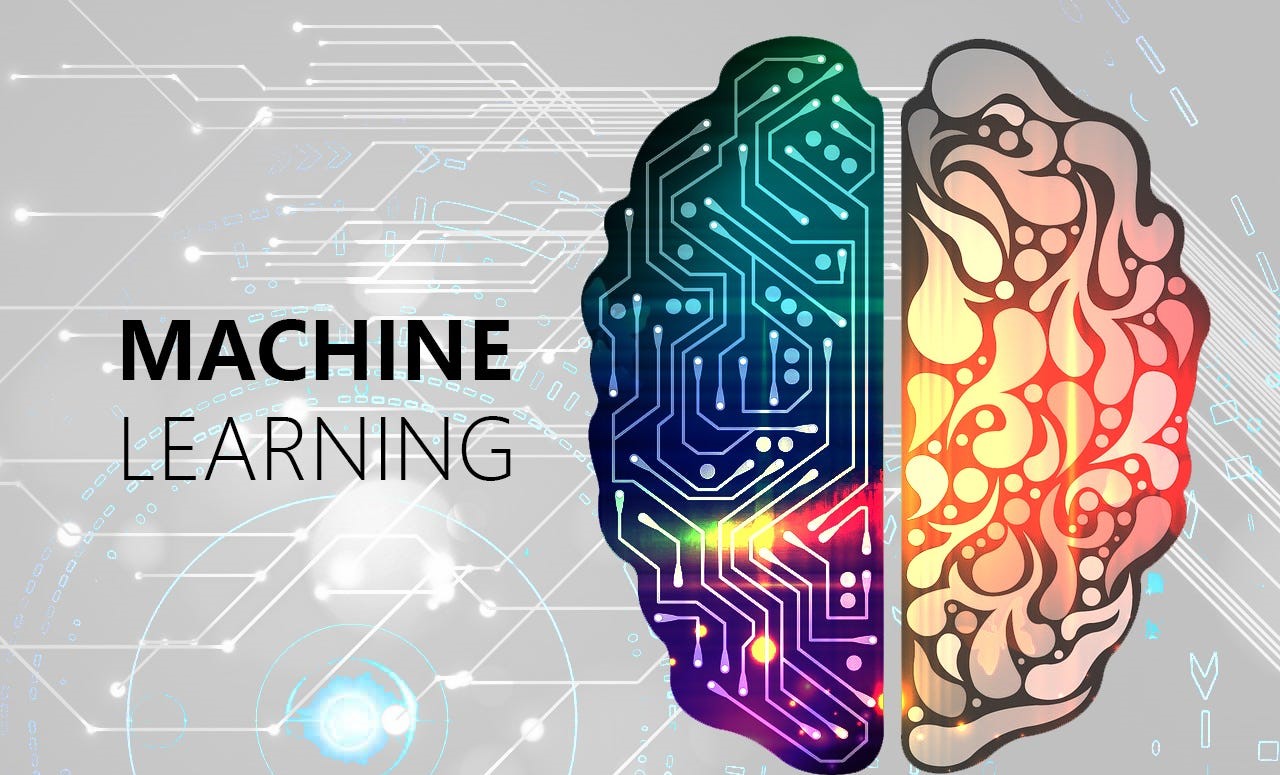 Machine Learning title graphic: a brain split into a circuit-board half and a colourful organic half