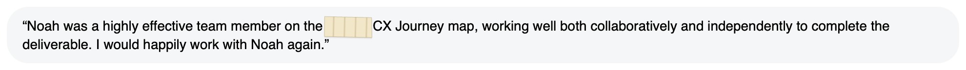 Written feedback: “Noah was a highly effective team member on the [redacted] CX Journey map, working well both collaboratively and independently to complete the deliverable. I would happily work with Noah again.”