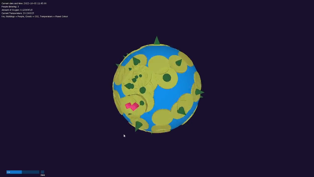 Planet11 at 11:45 on 3 October 2022: UTS Building 11 drawn as a blue planet crowded with yellow CO₂ clouds, green trees and pink buildings, with the live readings (people entering, oxygen, temperature) and the key listed top-left and the speed slider bottom-left
