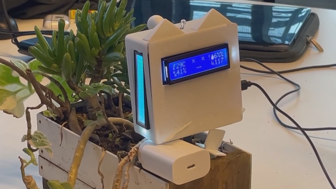 The white cat-eared SproutCat enclosure in a wooden planter beside a succulent, its blue LCD showing live readings (29C, 41%, 6%, 117) with a face of two crosses for eyes, and its side light strip glowing